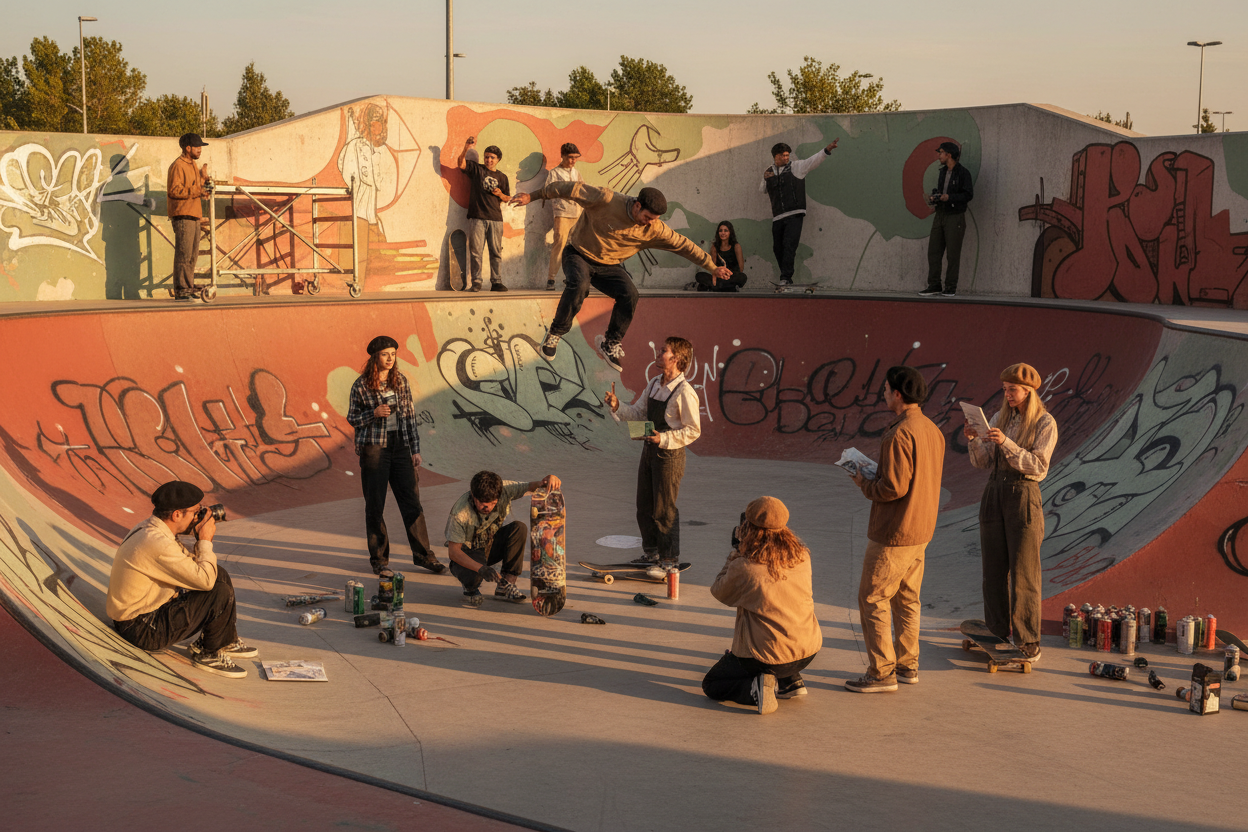 community di creativi, artisti e skater in uno skate park 